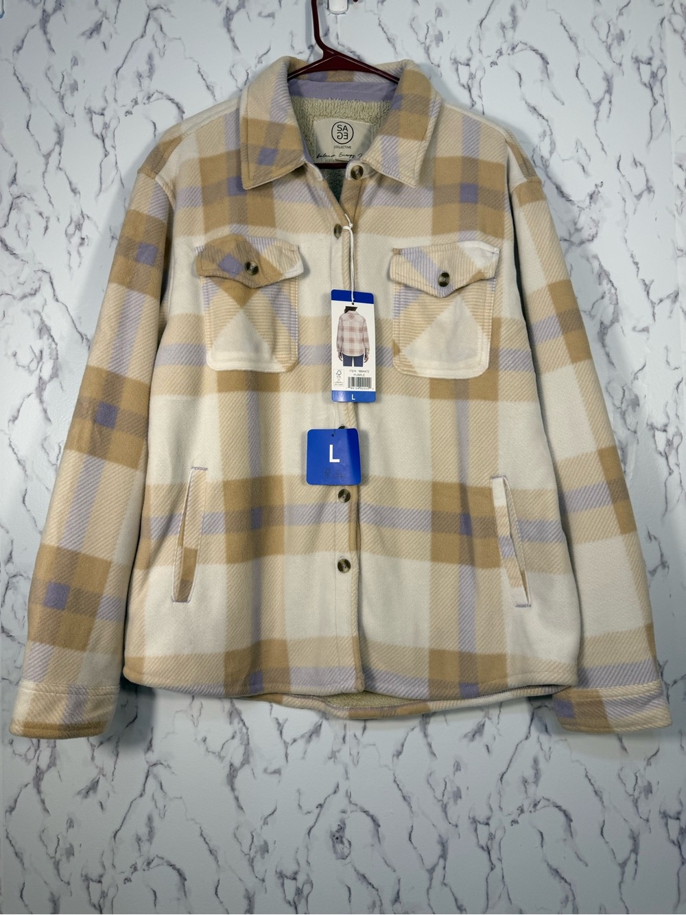 SAGE Women’s Plush Plaid Shirt Jacket Purple Large NWT